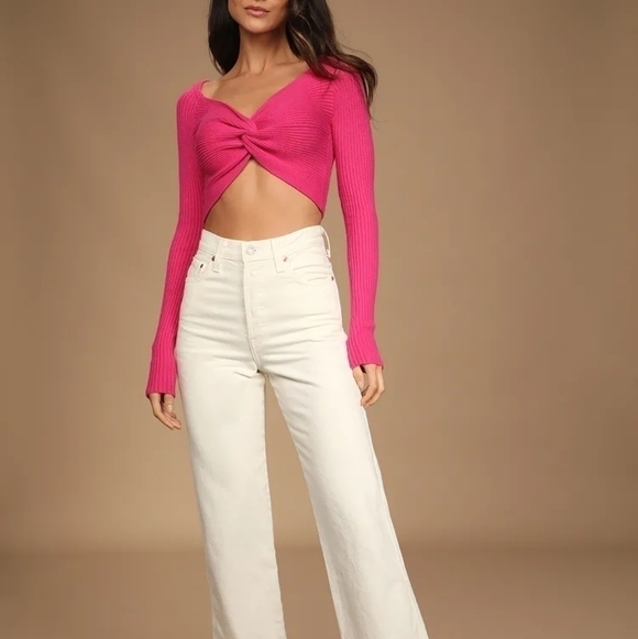 Lulus Sweaters - Lulu's In a Twist Magenta Knot-Front Cropped Sweater Size L Large